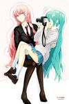  2girls aqua_hair artist_name blue_eyes camera couple dated funkid hatsune_miku highres long_hair megurine_luka multiple_girls nail_polish necktie pantyhose pink_hair skirt socks sweatdrop taking_picture twintails very_long_hair vocaloid yuri 