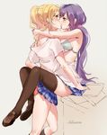  ayase_eli blonde_hair blue_eyes blush bra breasts couple green_eyes kiss long_hair love_live! love_live!_school_idol_project medium_breasts multiple_girls panties plaid plaid_skirt ponytail purple_hair red_panties short_hair sitting sketch skirt thighhighs tida_kietsungden toujou_nozomi twintails underwear yuri 