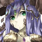  bare_shoulders breasts circlet cleavage dirt gaia_(p&amp;d) gem green_eyes hair_ornament jewelry long_hair medium_breasts mosamune necklace purple_hair puzzle_&amp;_dragons solo upper_body 