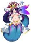  arm_warmers bar_censor blue_eyes blush breasts bubble censored circlet coral frills from_below full_body groin hair_ornament head_fins highres jewelry long_hair looking_at_viewer medium_breasts mermaid midriff monster_girl navel nipples noako_(por1212) open_mouth pointless_censoring purple_hair pussy puzzle_&amp;_dragons simple_background siren_(p&amp;d) solo spread_pussy sweat tiara white_background 