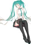  boots closed_eyes green_hair hatsune_miku highres long_hair necktie simple_background sitting skirt solo thigh_boots thighhighs twintails u.n.k. very_long_hair vocaloid white_background 