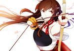  aiming akagi_(kantai_collection) arrow bow_(weapon) brown_eyes brown_hair drawing_bow gloves holding holding_arrow holding_bow_(weapon) holding_weapon japanese_clothes kantai_collection makise_(fdsw) muneate outstretched_arm solo weapon 