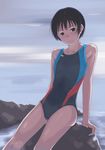  black_eyes black_hair competition_swimsuit galaxea highres one-piece_swimsuit original rock short_hair sitting solo swimsuit 