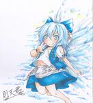  blue_eyes blue_hair blush bow cirno hair_bow highres peace_symbol ribbon short_hair skirt smile sokutenkun solo touhou traditional_media v 