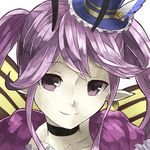  antennae butterfly_wings cattleya_(p&amp;d) choker collarbone earrings fairy frills hat jewelry long_hair looking_at_viewer mini_hat mini_top_hat mosamune pointy_ears purple_eyes purple_hair puzzle_&amp;_dragons simple_background single_earring smile solo top_hat twintails white_background wings 