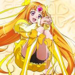  :d bow bubble_skirt cure_muse_(yellow) haruyama_kazunori heart long_hair magical_girl open_mouth orange_hair panties precure purple_eyes shirabe_ako skirt smile solo suite_precure twintails underwear very_long_hair yellow_bow 
