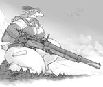  big_breasts bolt_action breasts cloud female gun hybrid kikurage low-angle_shot macro monochrome outside ranged_weapon rifle solo tree weapon 