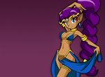  blue_eyes brown_skin cleavage clothed clothing ear_piercing female genie hair headband looking_at_viewer matt_bozon navel official_art piercing ponytail purple_hair shantae shantae_(series) solo wallpaper wide_hips 