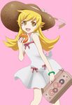  blonde_hair doughnut dress fangs food hat long_hair masako_(sabotage-mode) monogatari_(series) open_mouth oshino_shinobu pastry_box pink_background solo sun_hat yellow_eyes 