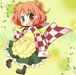  :d alternate_eye_color apron asaba_hiromu bell brown_eyes flower hair_bell hair_ornament index_finger_raised japanese_clothes letter love_letter lowres motoori_kosuzu open_mouth red_hair smile touhou two_side_up 