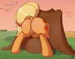  anus applejack_(mlp) back_turned blonde_tail clitoris cutie_mark equine female freckles friendship_is_magic fur hair hooves horse mammal my_little_pony orange_fur outside pony presenting pussy raised_tail ratofdrawn solo stuck text tree_stump 