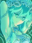  aqua armpits arms_up breasts ceres_(p&amp;d) choker cleavage collarbone green_background green_eyes green_hair hair_tubes ishiyumi long_hair medium_breasts plant puzzle_&amp;_dragons solo spikes thorns tiara upper_body vines 