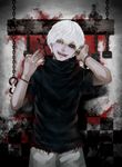  blood bug centipede chain checkered checkered_background cuffs evil_smile handcuffs heterochromia highres insect kaneki_ken looking_at_viewer mismatched_sclera red_eyes short_hair smile tokyo_ghoul torn_clothes turtleneck white_hair xino 
