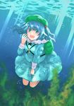  backpack bad_id bad_pixiv_id bag blue_eyes blue_hair boots bubble colored_eyelashes dress eyelashes hair_bobbles hair_ornament hand_to_own_mouth hand_up hat kawashiro_nitori key legs light_rays long_sleeves looking_at_viewer plant pocket reflection rowan_(kanonsecret) rubber_boots shirt short_hair skirt skirt_set smile solo sunbeam sunlight touhou two_side_up underwater wet wet_clothes 
