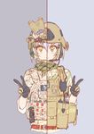  ammunition_pouch belt blush_stickers body_armor brown_eyes camouflage carabiner commentary comparison double_v fangdan_runiu flare glowstick gps headset helmet load_bearing_vest looking_at_viewer magazine_(weapon) military night_vision_device original pen plate_carrier pouch radio scarf solo upper_body v 