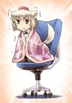 :3 aaru_(tenrake_chaya) animal_ears blanket blush brown_eyes chair hat inubashiri_momiji looking_at_viewer motion_lines office_chair short_hair silver_hair smile solo sparkle tail tokin_hat touhou v-shaped_eyebrows wolf_ears wolf_tail 