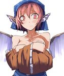  animal_ears bad_id bad_pixiv_id bare_shoulders blush breast_hold breasts collarbone covering covering_breasts crossed_arms daitoutei embarrassed head_scarf japanese_clothes looking_at_viewer mystia_lorelei off_shoulder okamisty pink_eyes pink_hair short_hair simple_background solo touhou upper_body white_background wings 