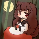  animal_ears apple bad_id bad_pixiv_id bamboo bamboo_forest blush brown_hair dress food forest fruit full_moon imaizumi_kagerou inunoko. layered_dress long_hair long_sleeves looking_at_viewer moon nature red_apple red_eyes smile solo tail touhou wolf_ears wolf_tail 