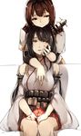  bare_shoulders black_hair brown_eyes brown_hair detached_sleeves flower fusou_(kantai_collection) hair_ornament hand_on_another's_cheek hand_on_another's_face hibiscus highres hug hug_from_behind hyuuga_(kantai_collection) japanese_clothes kantai_collection knees_together kyouya_(mukuro238) light_smile long_hair multiple_girls nontraditional_miko pleated_skirt red_eyes red_skirt short_hair simple_background sitting skirt white_background yuri 