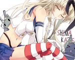  &gt;_&lt; :3 blonde_hair closed_eyes elbow_gloves finger_to_mouth gloves highleg highleg_panties highres kamisa kantai_collection long_hair older panties rensouhou-chan sailor_collar shimakaze_(kantai_collection) skirt striped striped_legwear thighhighs underwear white_gloves yellow_eyes 