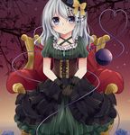  adapted_costume black_gloves blue_flower blue_rose bow chair corset flower gloves grey_eyes hat hat_bow heart heart_of_string highres komeiji_koishi lace lace_gloves lolita_fashion mini_hat mini_top_hat puffy_short_sleeves puffy_sleeves rose shirt short_sleeves silver_hair sitting skirt solo third_eye top_hat touhou yuria_(kittyluv) 