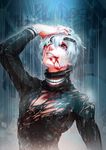  black_sclera blood crying crying_with_eyes_open hair_over_one_eye kaneki_ken male_focus mask rain red_eyes smile solo sundog1991 tears tokyo_ghoul torn_clothes white_hair 