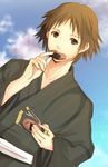  brown_eyes brown_hair dutch_angle eating hanamura_yousuke hijiri_ruka japanese_clothes kimono male_focus persona persona_4 solo yukata 