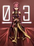  armband boots breasts crossed_arms crossed_legs foge green_eyes headphones highres knee_boots large_breasts long_hair megurine_luka microphone midriff pink_hair side_slit sitting skirt solo thighhighs vocaloid 