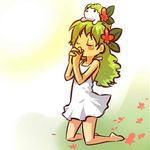  barefoot blush_stickers closed_eyes dress flower gen_4_pokemon green_hair hair_flower hair_ornament hands_clasped hitec jpeg_artifacts kneeling moemon on_head own_hands_together personification pokemon pokemon_(creature) pokemon_on_head praying shaymin skirt sundress white_skirt 