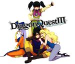  3girls animal_ears black_hair blonde_hair blush bodysuit boots bunny_ears bunnysuit closed_eyes copyright_name dragon_quest dragon_quest_iii fighter_(dq3) fingerless_gloves gloves hat hidaka_ryou high_heels highres jester_(dq3) long_hair mitre multiple_girls orange_bodysuit pantyhose priest_(dq3) purple_hair roto shoes short_twintails smile tabard thumbs_up twintails 