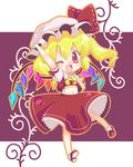  blonde_hair chibi fang flandre_scarlet hat highres imahia midriff navel one_eye_closed one_side_up ponytail red_eyes short_hair solo touhou wings 