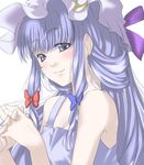  blush hair_ribbon haruichi hat long_hair patchouli_knowledge purple_eyes purple_hair ribbon smile solo touhou 