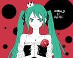  blush camisole crown flower green_eyes green_hair green_nails hair_ribbon hatsune_miku jewelry kochoko long_hair nail_polish necklace off_shoulder ribbon smile solo twintails very_long_hair vocaloid world_is_mine_(vocaloid) 