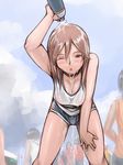  bent_over breasts brown_eyes brown_hair casual cleavage large_breasts older one_eye_closed rozen_maiden see-through short_hair shorts solo souseiseki tsuda_nanafushi water wet wet_clothes wet_hair 