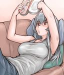  blush breasts casual large_breasts long_hair magazine older pillow reading rozen_maiden shirt silver_hair sleeveless sleeveless_shirt solo suigintou tsuda_nanafushi 