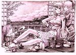  alcohol barefoot bow breasts bucket chain cloud cuffs fan feet geta hair_bow horn hoshiguma_yuugi in_bucket in_container kisume kurodani_yamame large_breasts long_hair massage monochrome multiple_girls nobita purple sake sandals sarashi short_hair shouji sliding_doors star tatami tattoo touhou traditional_media twintails underboob 