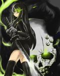  bad_id bad_pixiv_id black_devil_girl black_hair black_rock_shooter burning_eye coat glasses gloves green_eyes horns katana long_hair metaborikkumen skull solo sword thighhighs weapon 