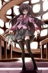  bakemonogatari green_eyes legs long_hair monogatari_(series) necktie purple_hair school_uniform senjougahara_hitagi serafuku skirt solo stationery thighhighs utsurogi_angu zettai_ryouiki 