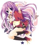  book hair_ribbon kneehighs long_hair original purple_eyes purple_hair ribbon sazaki_ichiri school_uniform shoes skirt sneakers socks solo twintails wand 