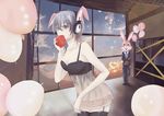  animal_ears apple bad_id bad_pixiv_id balloon bare_shoulders black_hair blue_hair breasts bunny_ears cleavage cloud food fruit garter_belt headphones large_breasts original sky suipuu_izuru thighhighs yellow_eyes 