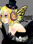 bad_id bad_pixiv_id blonde_hair blue_eyes butterfly_wings dress elbow_gloves fingerless_gloves gloves hair_ornament hairclip hat headphones headset kagamine_rin magnet_(vocaloid) mini_hat mini_top_hat nail_polish short_hair solo top_hat vocaloid wings wory 