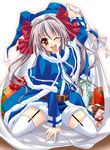  bag belt blue_santa_costume blush bow christmas cloak garter_belt gift hair_bow itsuki_kirara komo_da long_hair meri_chri one_eye_closed red_eyes santa_costume shorts silver_hair solo thighhighs twintails 