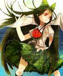  bad_id bad_pixiv_id bow clea dress green_bow green_hair hair_bow kneehighs long_hair red_eyes reiuji_utsuho socks solo touhou wind wind_lift wings 