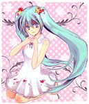  aqua_eyes aqua_hair bad_id bad_pixiv_id checkered dress flower ham_(eikasiahhh) hatsune_miku kneeling long_hair short_dress skirt solo twintails vocaloid white_skirt 