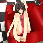  animal_ears armpits bad_feet bad_id bad_pixiv_id barefoot brown_hair bunny_ears camisole chair easy_chair expressionless feet hand_behind_head highres inaba_tewi ko-&gt;u legs looking_away panties red_eyes solo toes touhou underwear 