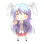  animal_ears bad_id bad_pixiv_id blazer blue_hair bunny_ears chibi closed_eyes happy jacket long_hair mukunoki_nanatsu necktie pleated_skirt red_neckwear reisen_udongein_inaba skirt smile solo touhou v 