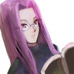  artist_request book casual fate/stay_night fate_(series) glasses lowres purple_eyes purple_hair reading rider solo 