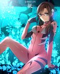  adjusting_eyewear aqua_eyes arm_support bodysuit brown_hair flower glasses hairband light_smile long_hair makinami_mari_illustrious neon_genesis_evangelion pink_bodysuit plugsuit rebuild_of_evangelion red-framed_eyewear ryou_(kimagure) shiny shiny_clothes sitting skin_tight smile solo 