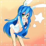  animal_ears bare_legs blue_hair bunny_ears bunny_girl bunny_tail bunnysuit flat_chest green_eyes izumi_konata kanikama long_hair lucky_star mole mole_under_eye solo tail 