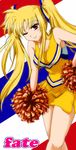  blonde_hair character_name cheerleader fate_testarossa gg long_hair lyrical_nanoha mahou_shoujo_lyrical_nanoha_strikers mizuki_nana one_eye_closed pom_poms real_life real_life_insert red_eyes seiyuu_connection skirt smile solo twintails 